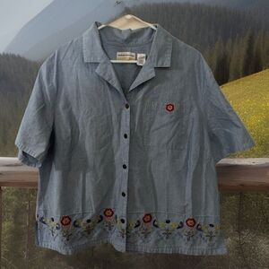Y2K Alfred Dunner Granny core Plus 22W Floral Embroidered Art DenimShirt Cottage
